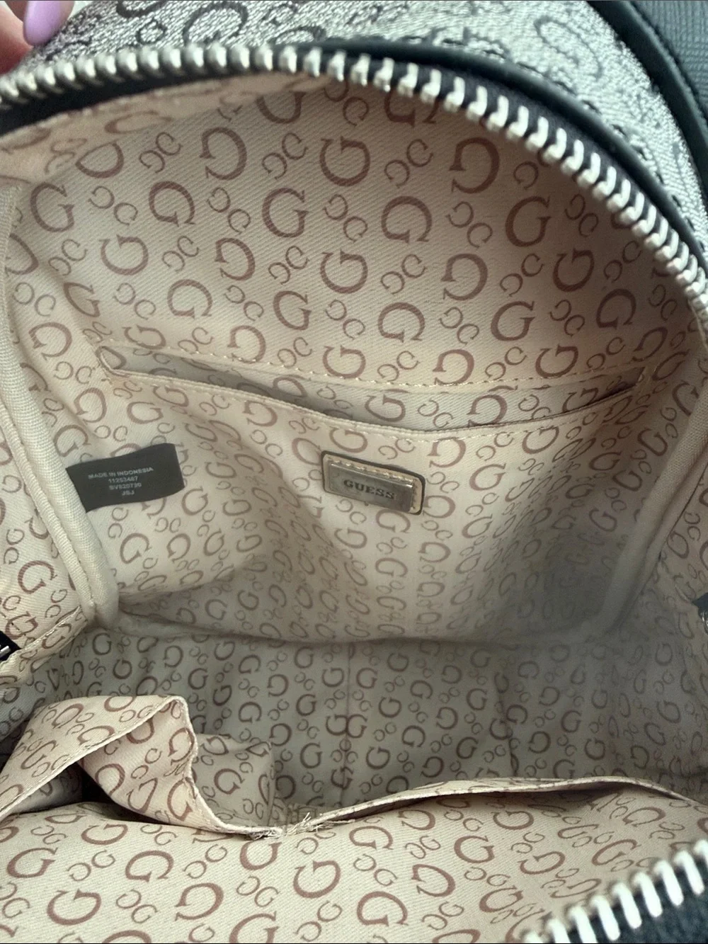 GUESS Grey and Black Monogram Mini Backpack with Silver Logo